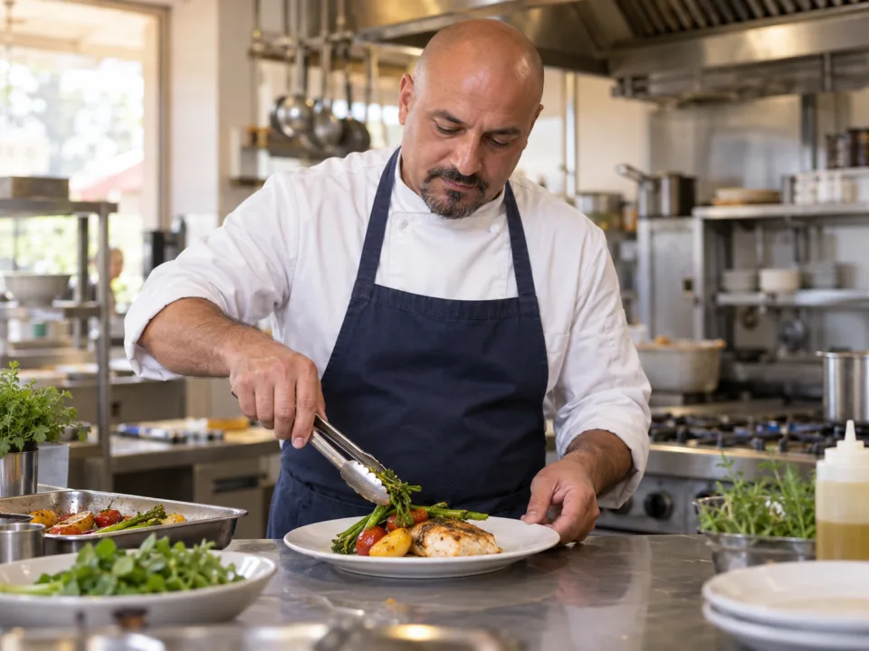 Cook preparing a dish in a professional kitchen. Illustrative image.
