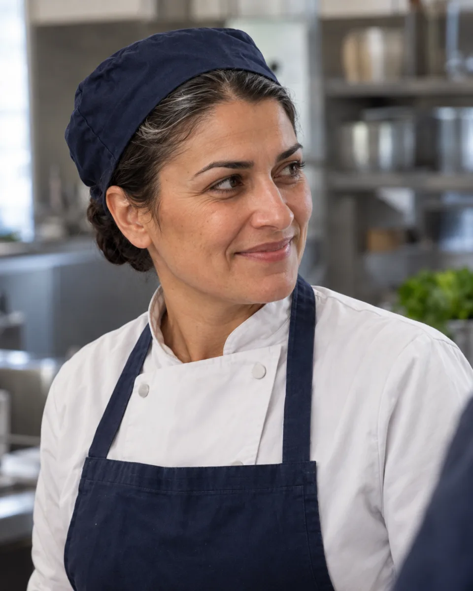 A cook smiles in her professional kitchen. Illustrative scene.